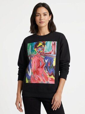 LA PERLE NOIRE BLACK COLORFUL GRAPHIC PRINT CREW NECK SWEATSHIRT - S